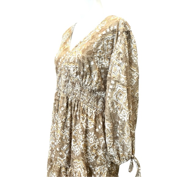 Cupio Boho Smocked Ikat Midi Dress Tiered Flowy V Neck Brown Tan XL NWT - Picture 8 of 16